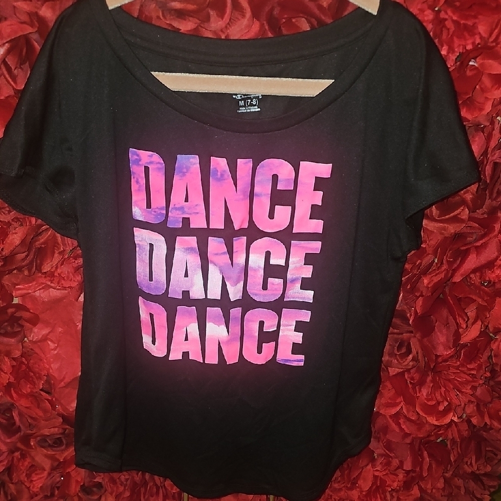 Champion Girls Black Tee with Vibrant Pink Dance Graphic Size 7/8